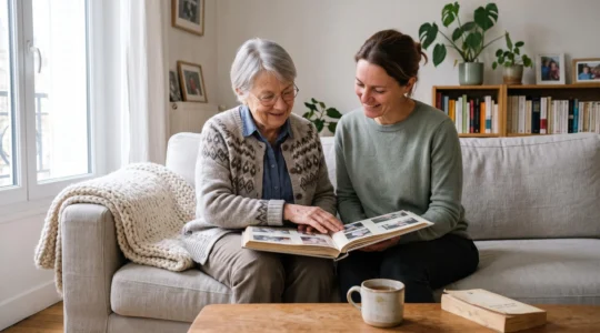 Auxiliaire de vie assise à côté d'une dame senior dans un salon lumineux, regardant ensemble un album photo ouvert, ambiance chaleureuse et rassurante illustrant l'accompagnement à domicile